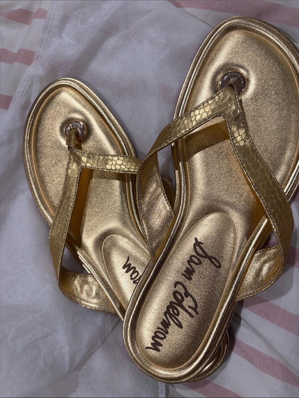 Sam Edelman Metallic Gold Snake-Texture Thong Sandals. Worn once.